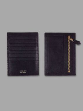 GIORGIO ARMANI Black Grained Leather Card Holder Zipper Coin Pocket Wallet